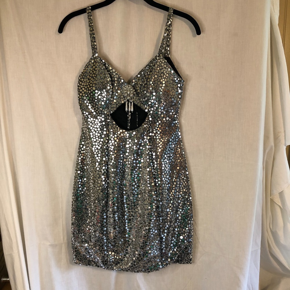 Vintage 80s Silver Disco Dress Alfred Angelo Cut Out Metallic Party Club 5/6
